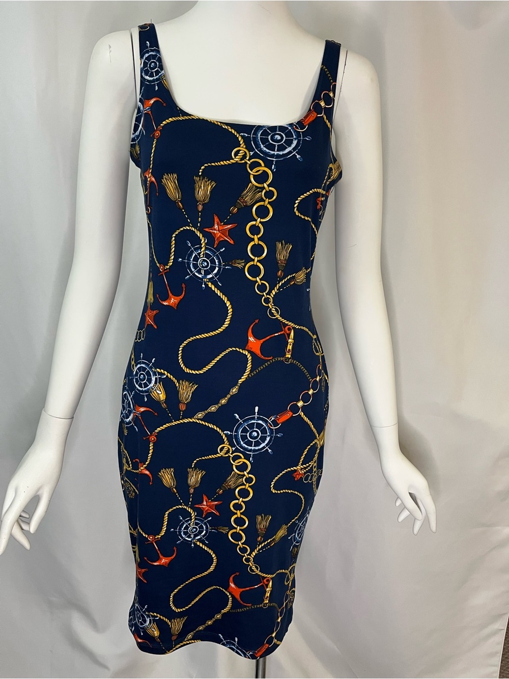 iris Navy Nautical-Print Midi Sheath Dress